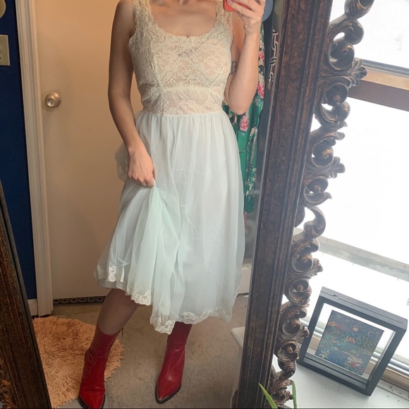 Vintage 60s Ice blue skirt lace bodice slip dress - Picture 13 of 13